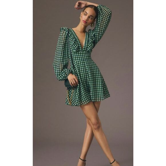 Anthropologie Hutch Long Sleeve Deep-V Romper Jumpsuit XS Green Check Pockets - Picture 3 of 9